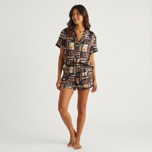 Anthropologie The LyreBird Silky Pajamas Set Black Phthalo Ruth Print Size Large